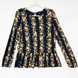 Lucky Brand Long Sleeve Peplum Top Navy with Brown & Gold Floral Stripes Large